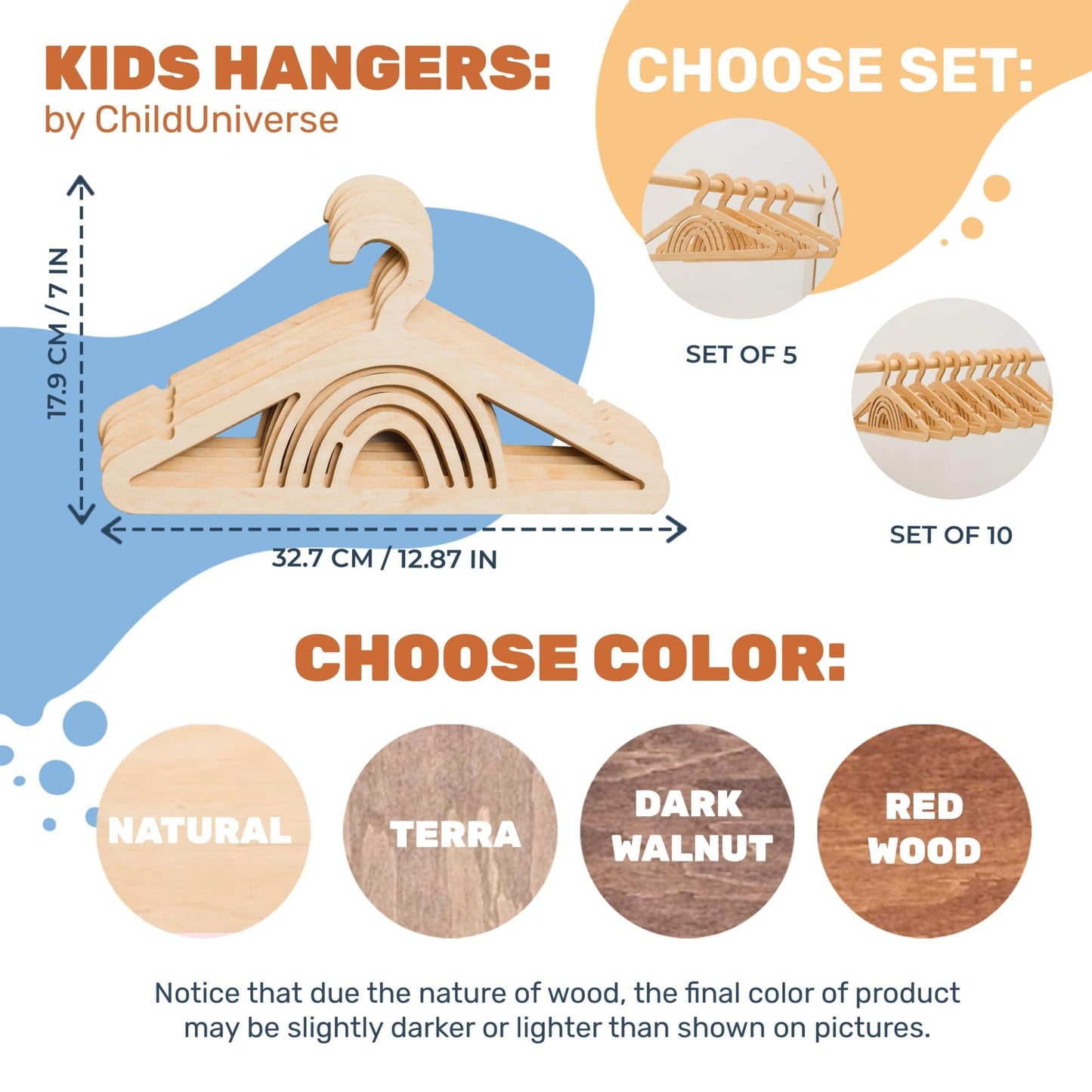 Wooden kids hangers in natural and dark wood colors