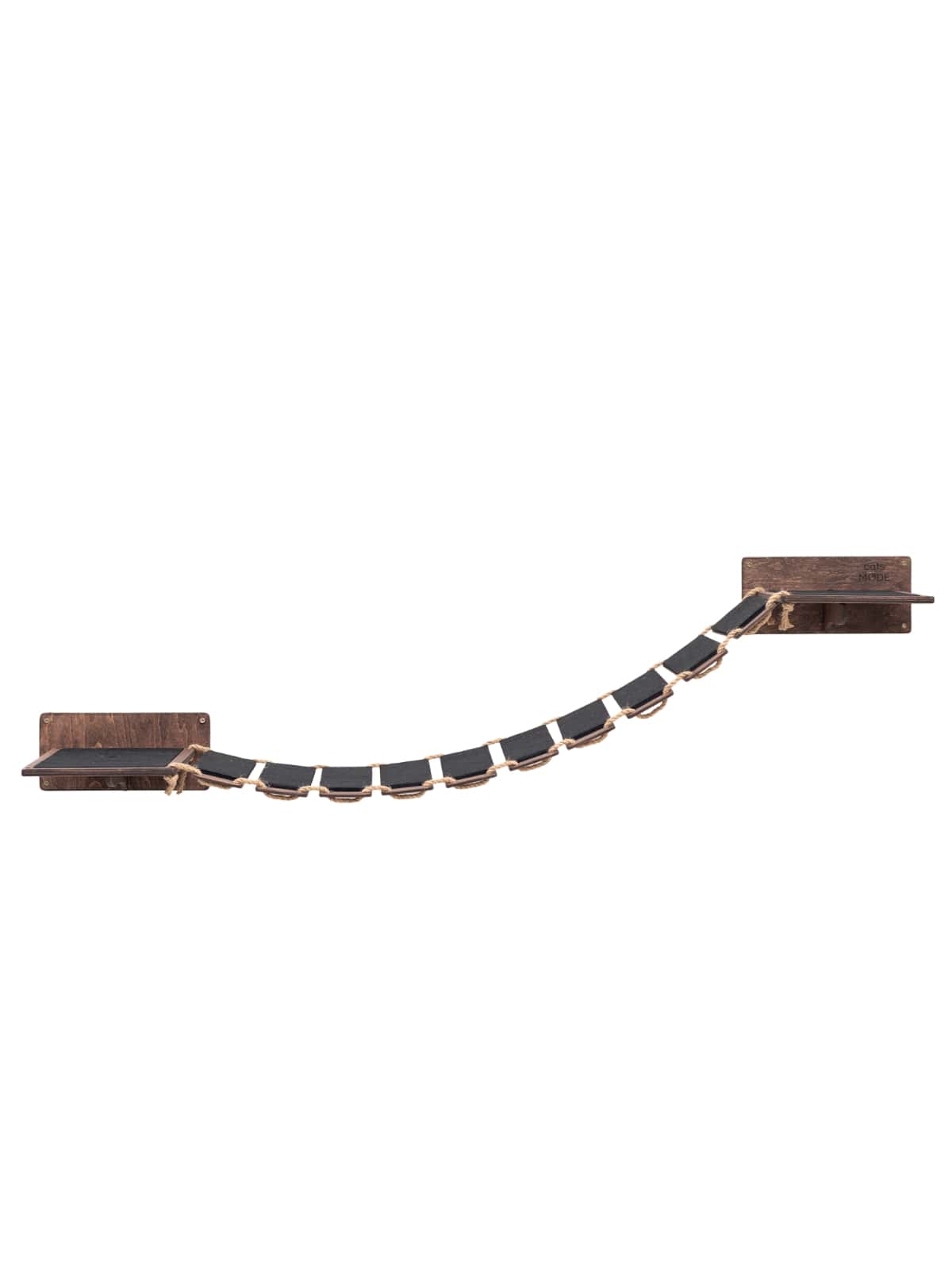 wood and rope cat bridge in dark walnut color covered with black felt