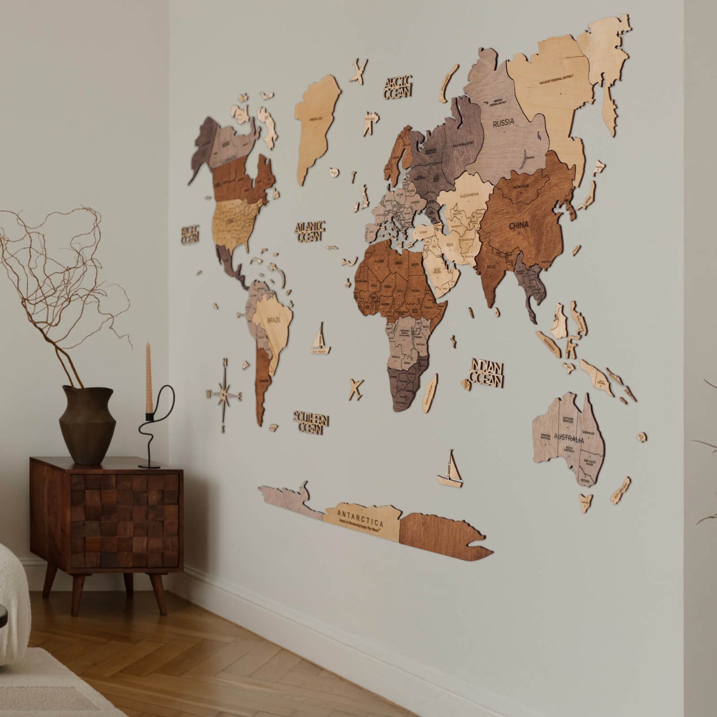 2D Wooden World Map Multicolor