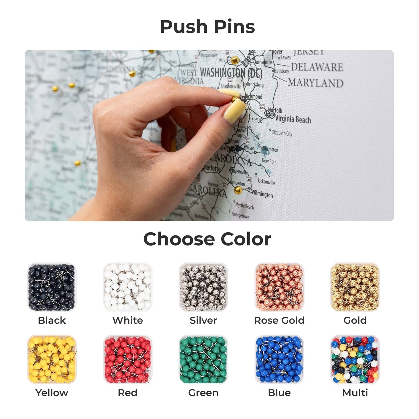 Hand using push pins on a map with color options displayed below.
