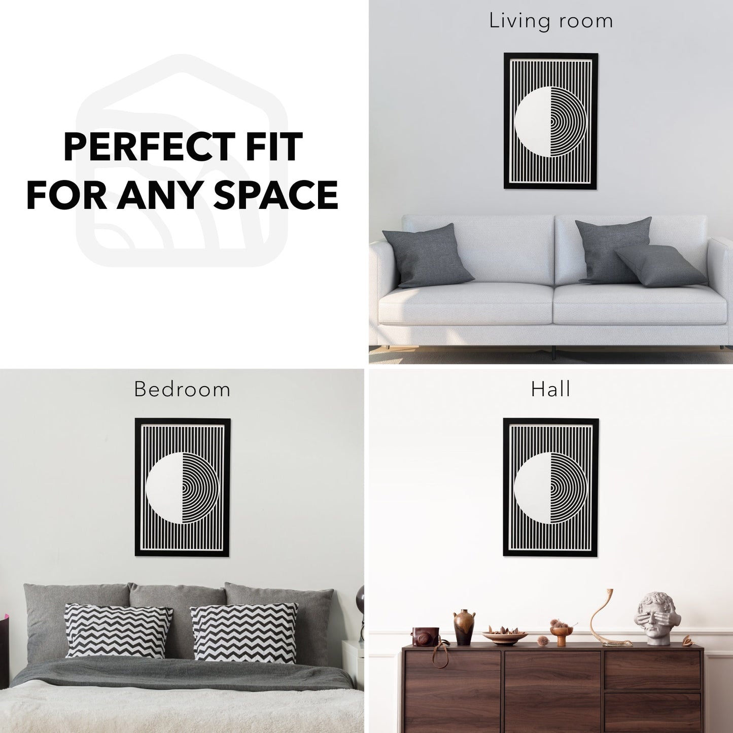 Black and white abstract wall art displayed in living room, bedroom, and hall settings.
