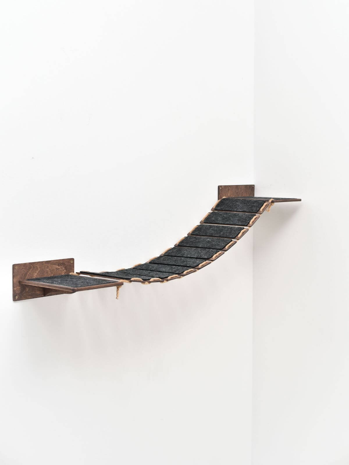 wood cat bridge and walk in dark walnut color covered with black felt
