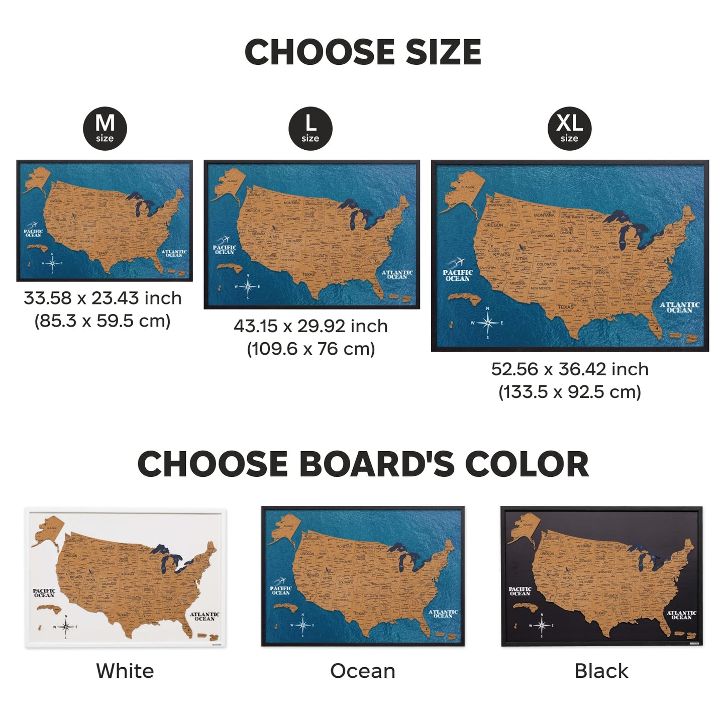 Map of the United States with size and color options displayed.