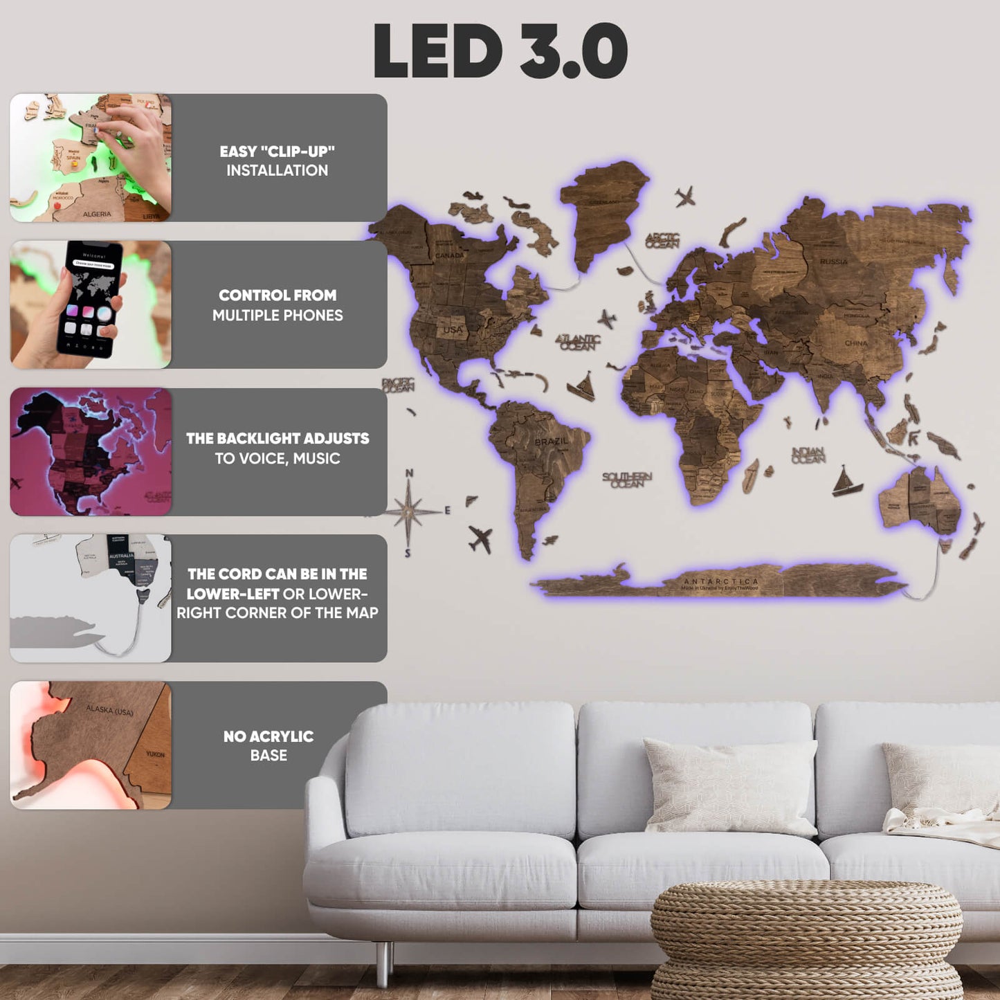3D LED Wooden World Map 3.0 Dark Walnut