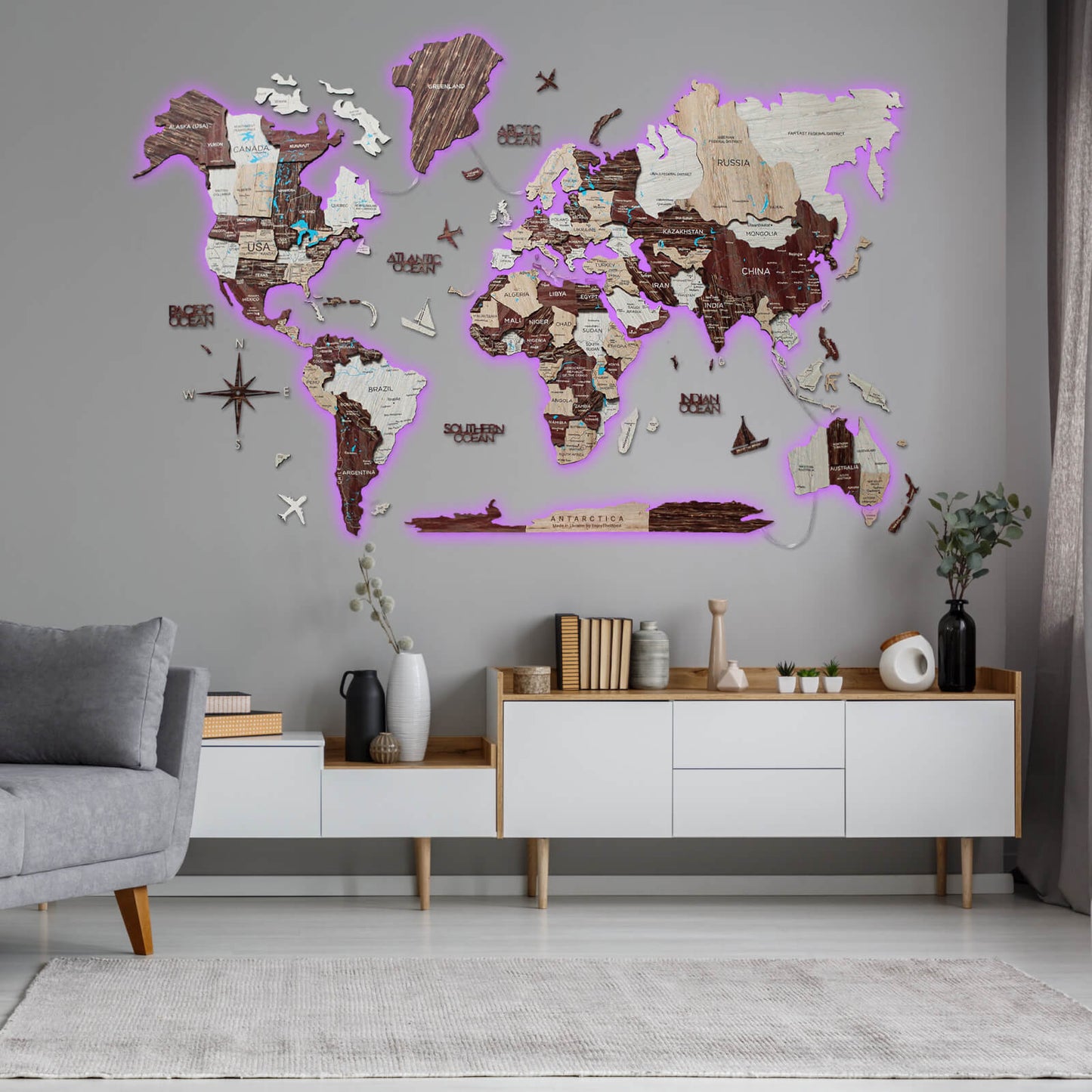 3D LED / LUMINOUS Wooden World Map 3.0 Cappuccino