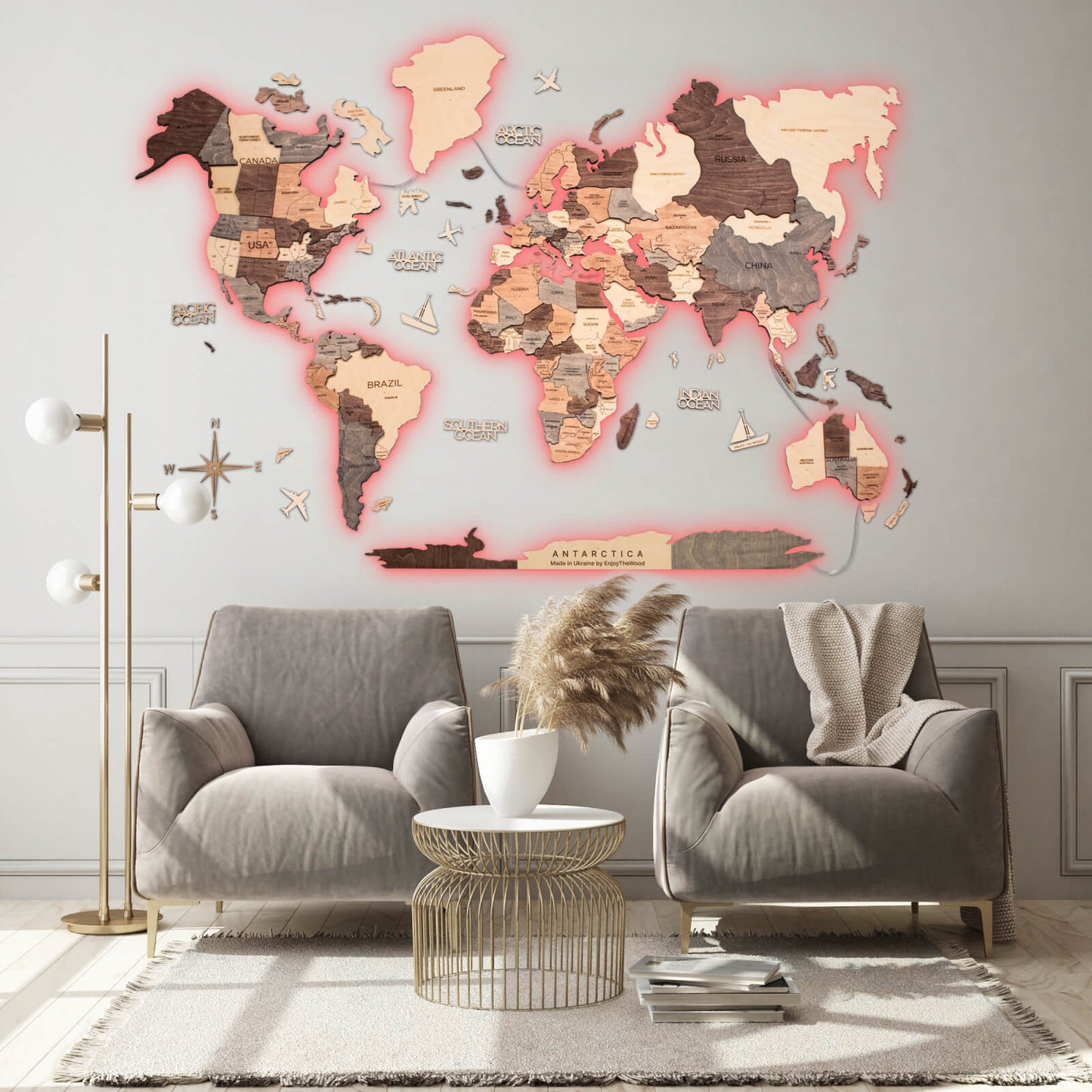 3D LED Wooden World Map 3.0 Smokey