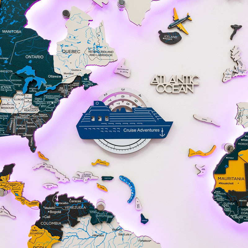 Travel Tracker Cruise Liner 3D Colored Wooden World Map - Aqua