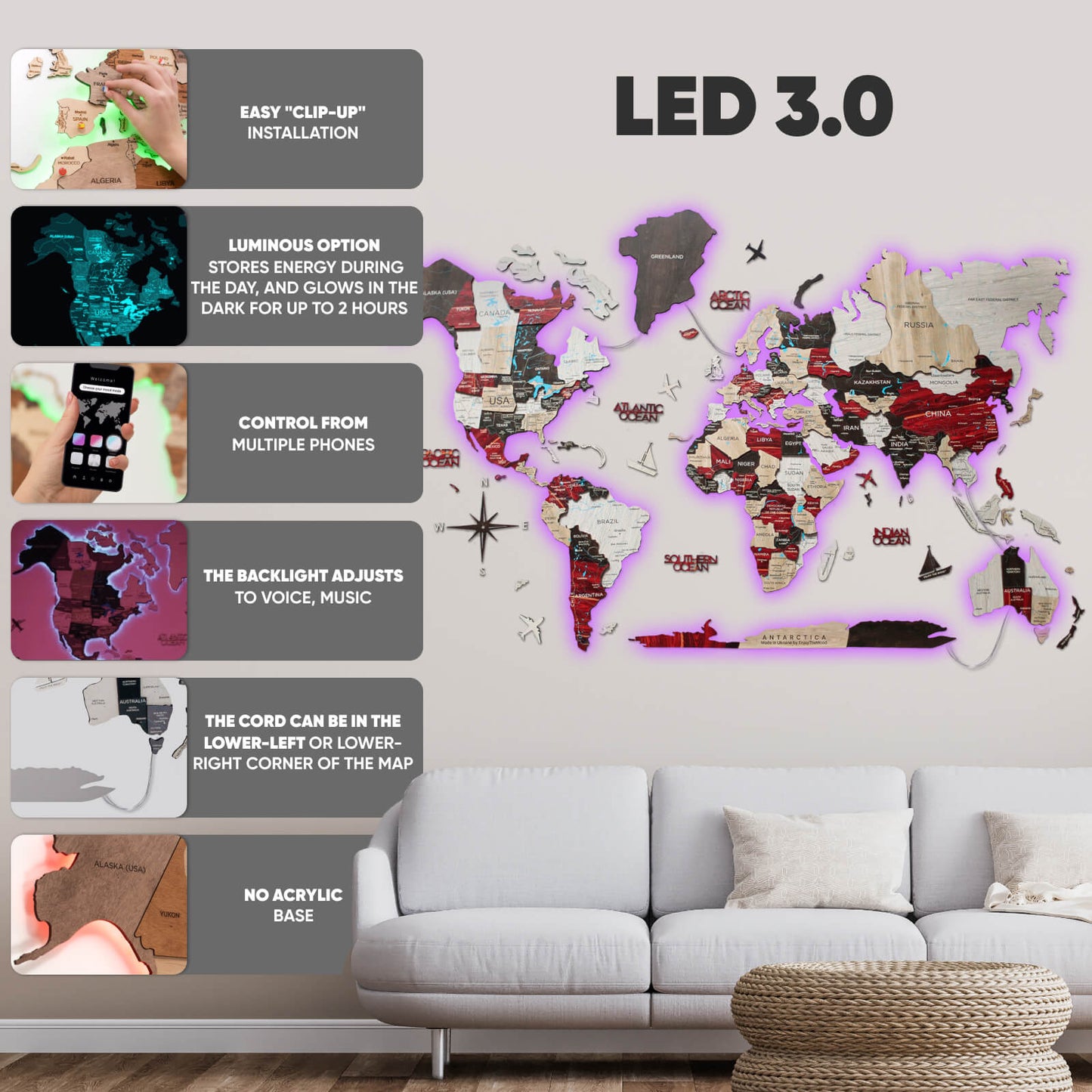 3D LED / LUMINOUS Wooden World Map 3.0 Urban