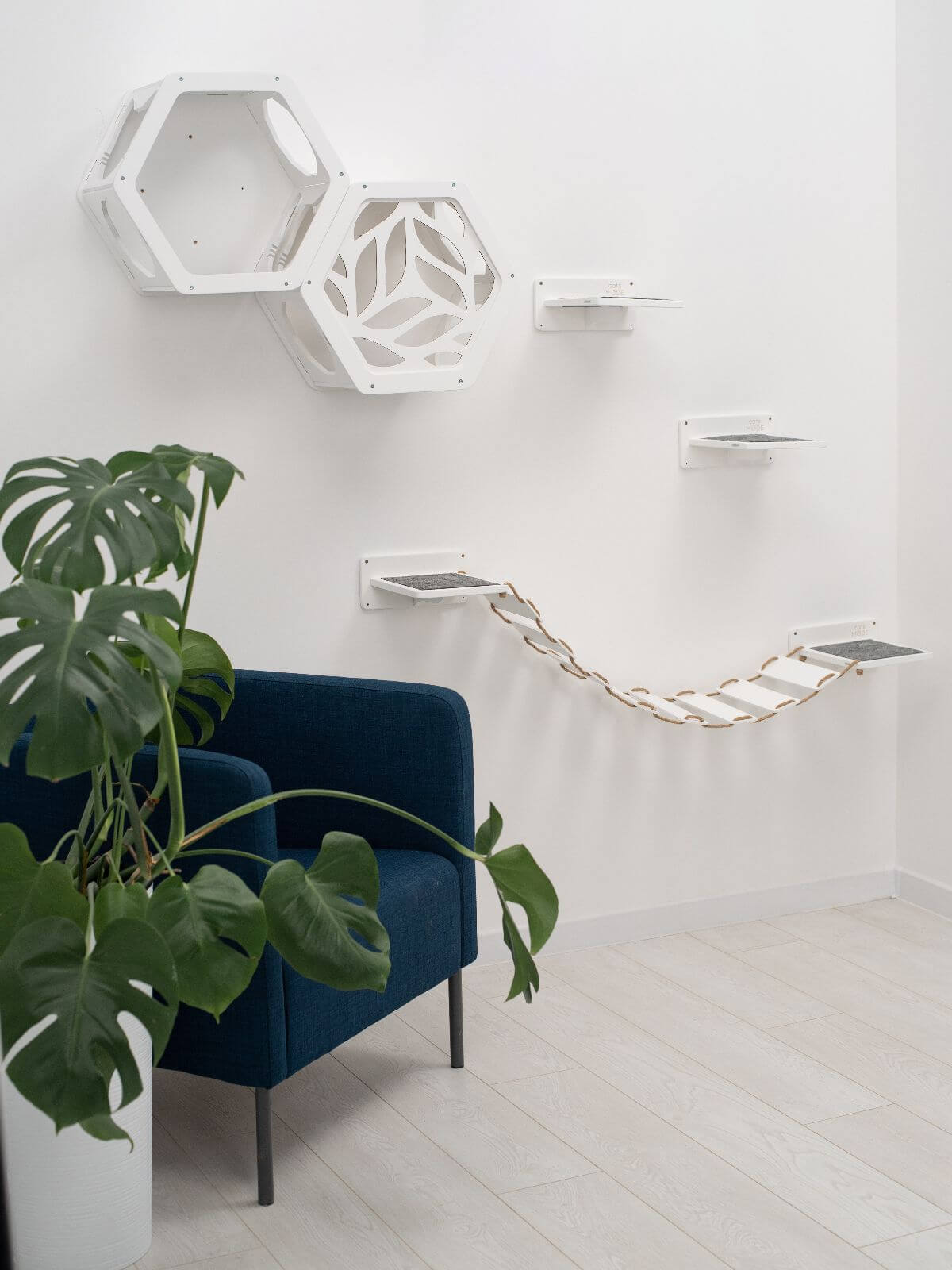 cat climbing wall shelves in white color with cat steps and cat wall bridge