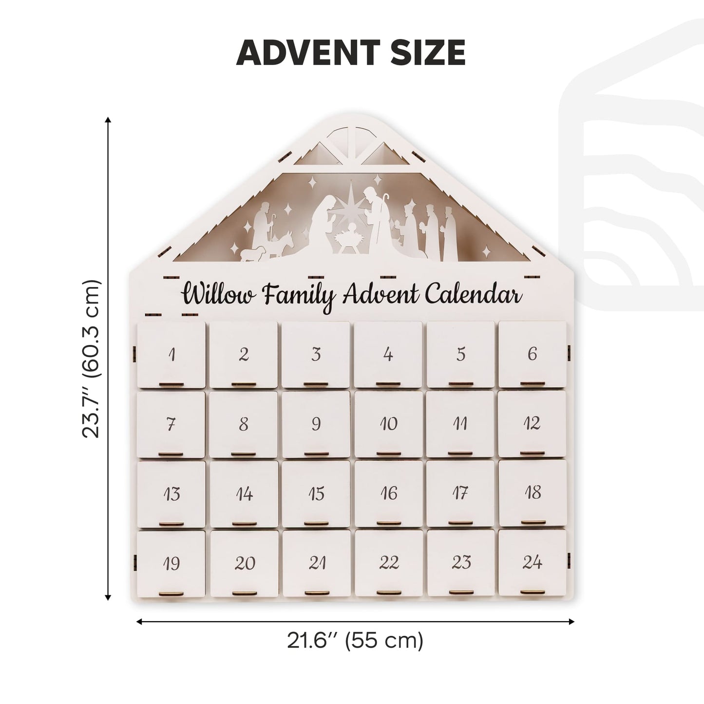 Willow Family Advent Calendar with dimensions on a white background