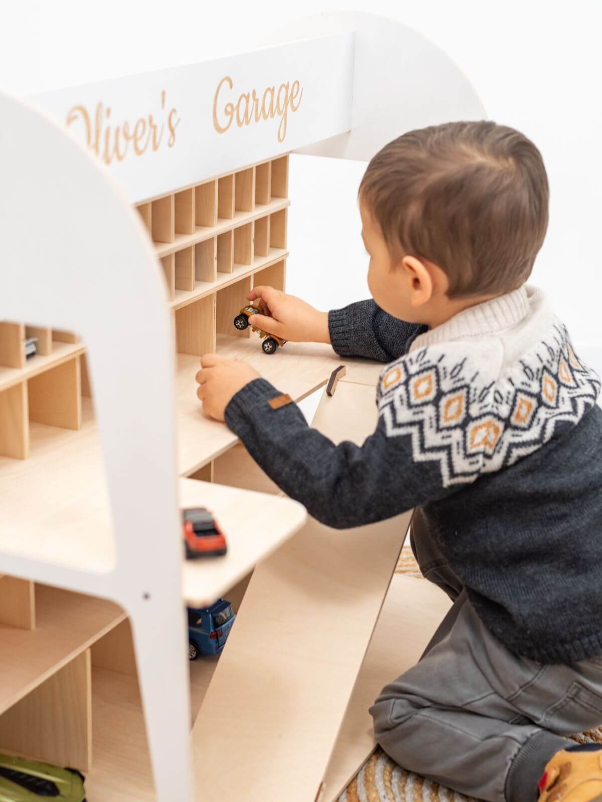 wooden toy car parking garage
