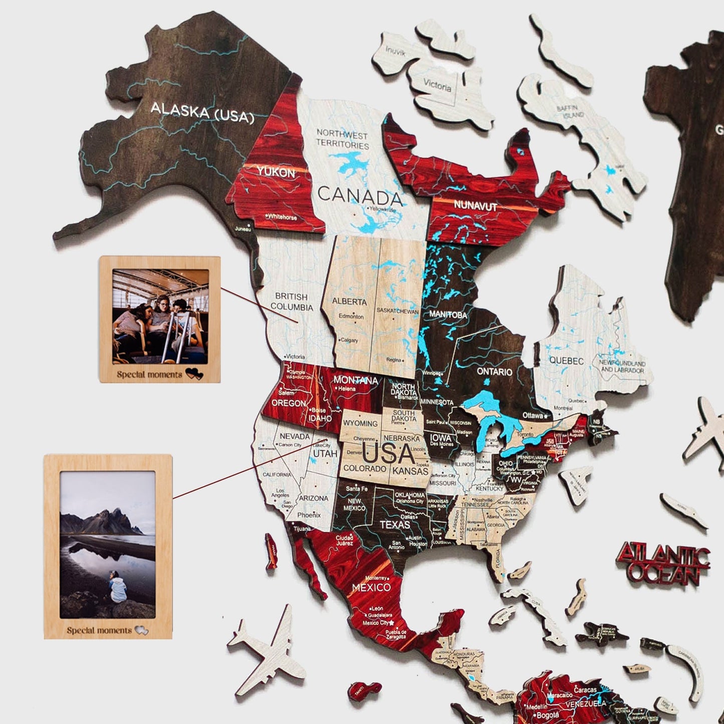 Bundle: 3D Colored Map with 9 Photo Frames and Flags Pins