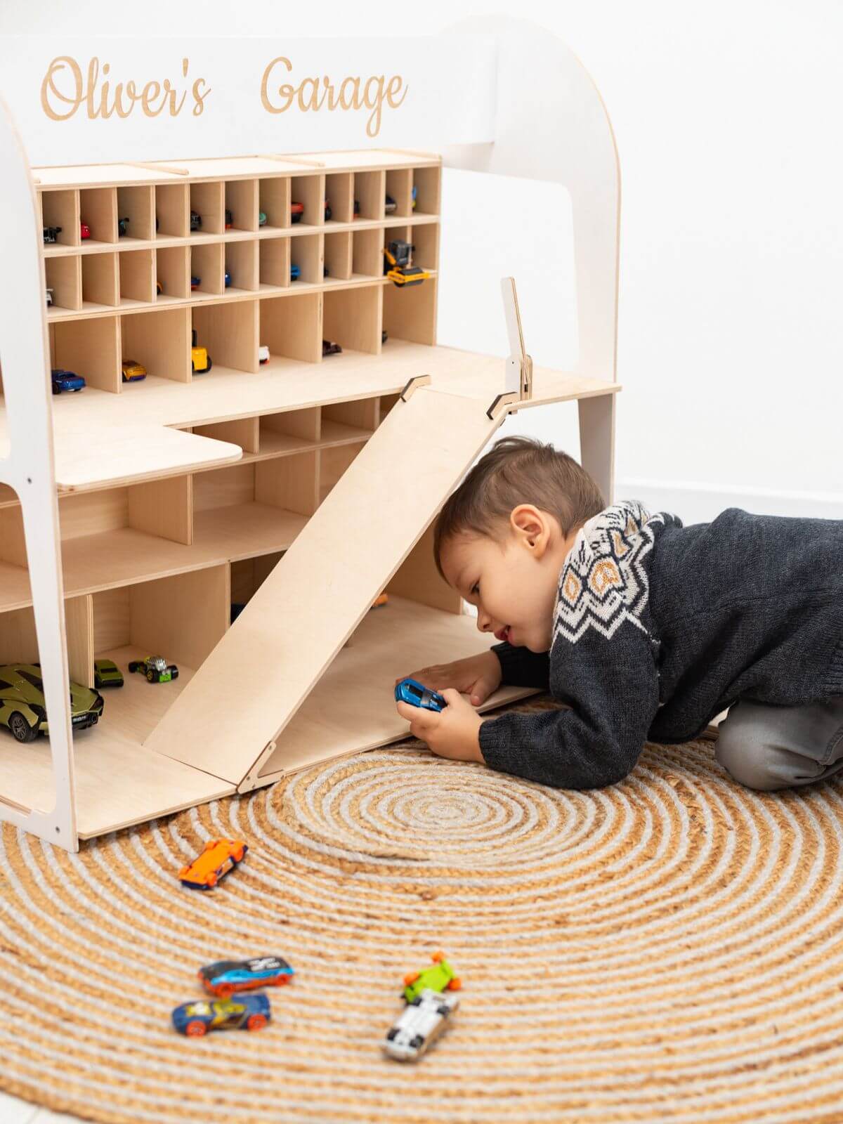 wooden toy car parking garage