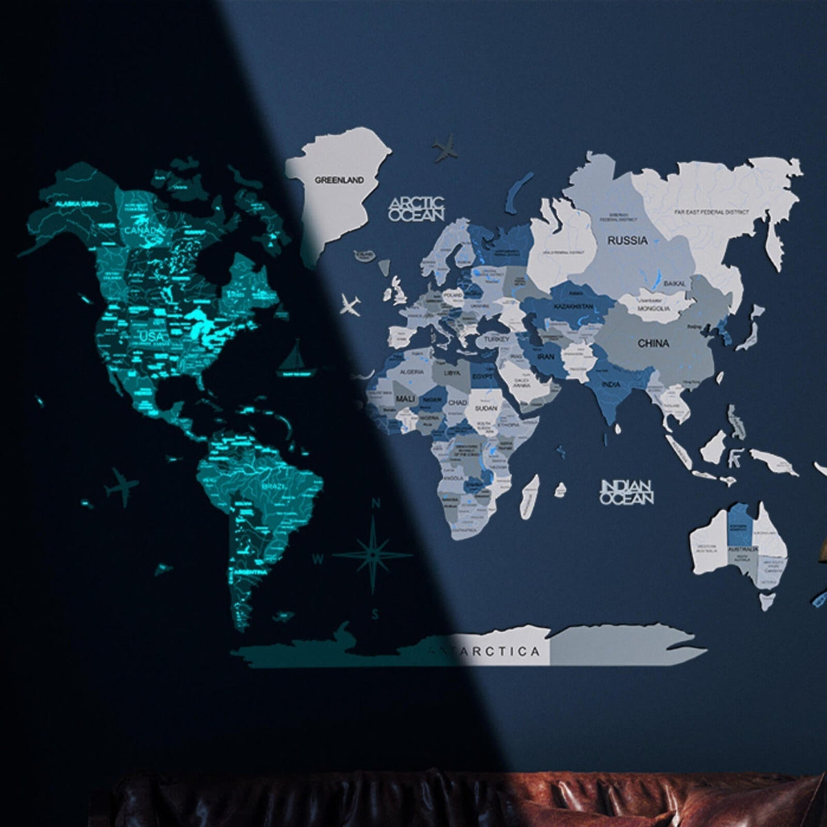 3D Luminous Colored Wooden World Map