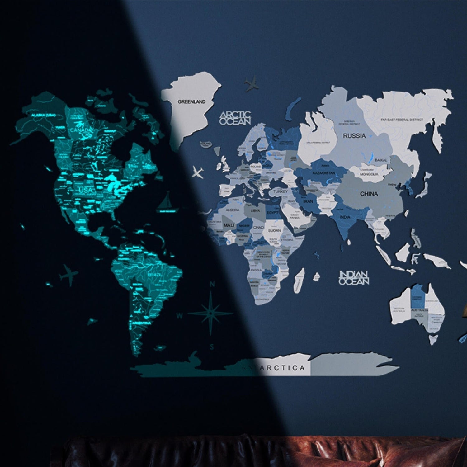 3D Luminous Colored Wooden World Map