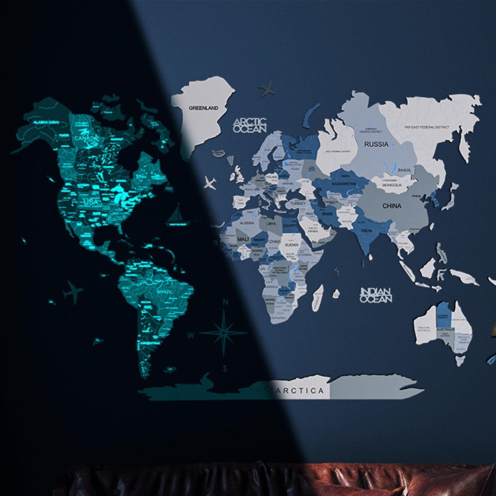 3D Luminous Colored Wooden World Map