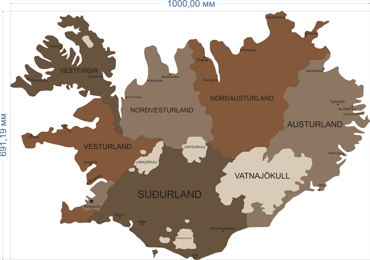 2D Wooden Iceland map in plates (B2B)