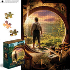 Jigsaw puzzle with a scene of a man standing in front of a door, with a box and pieces displayed.