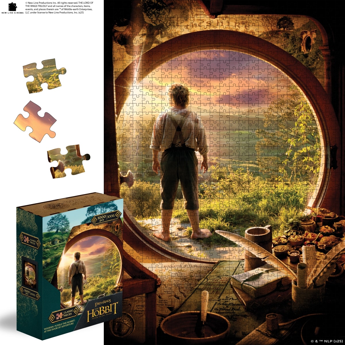 Jigsaw puzzle with a scene of a man standing in front of a door, with a box and pieces displayed.