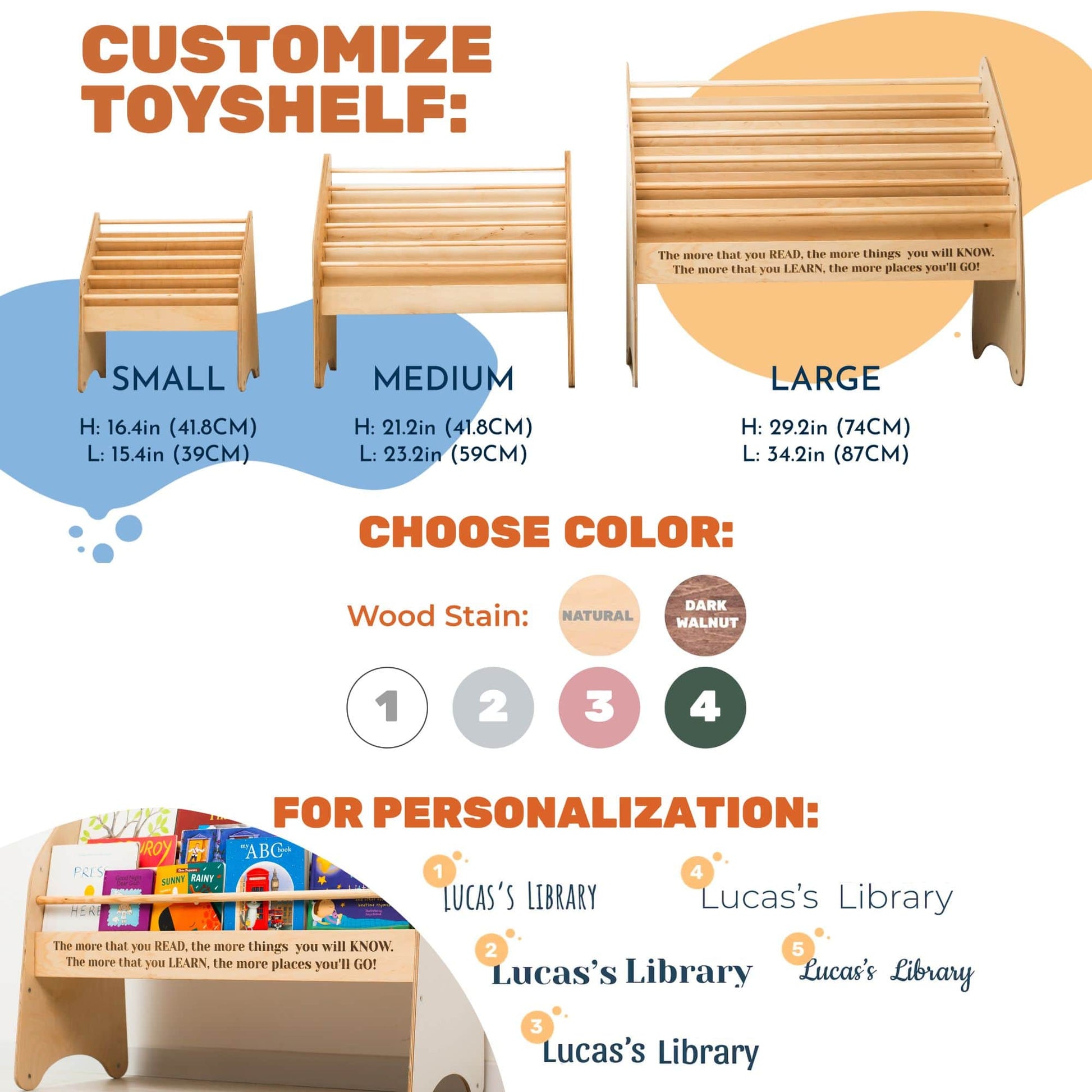 Montessori style wooden bookcase personalization and color chart