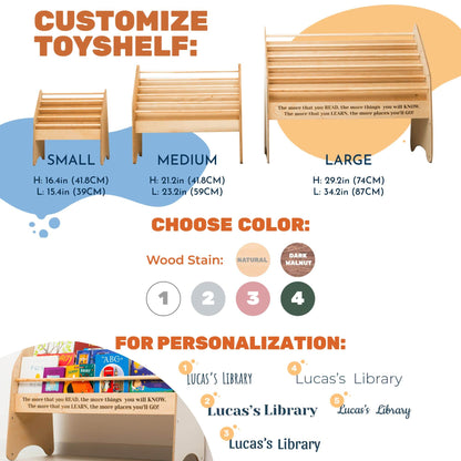 Montessori style wooden bookcase personalization and color chart