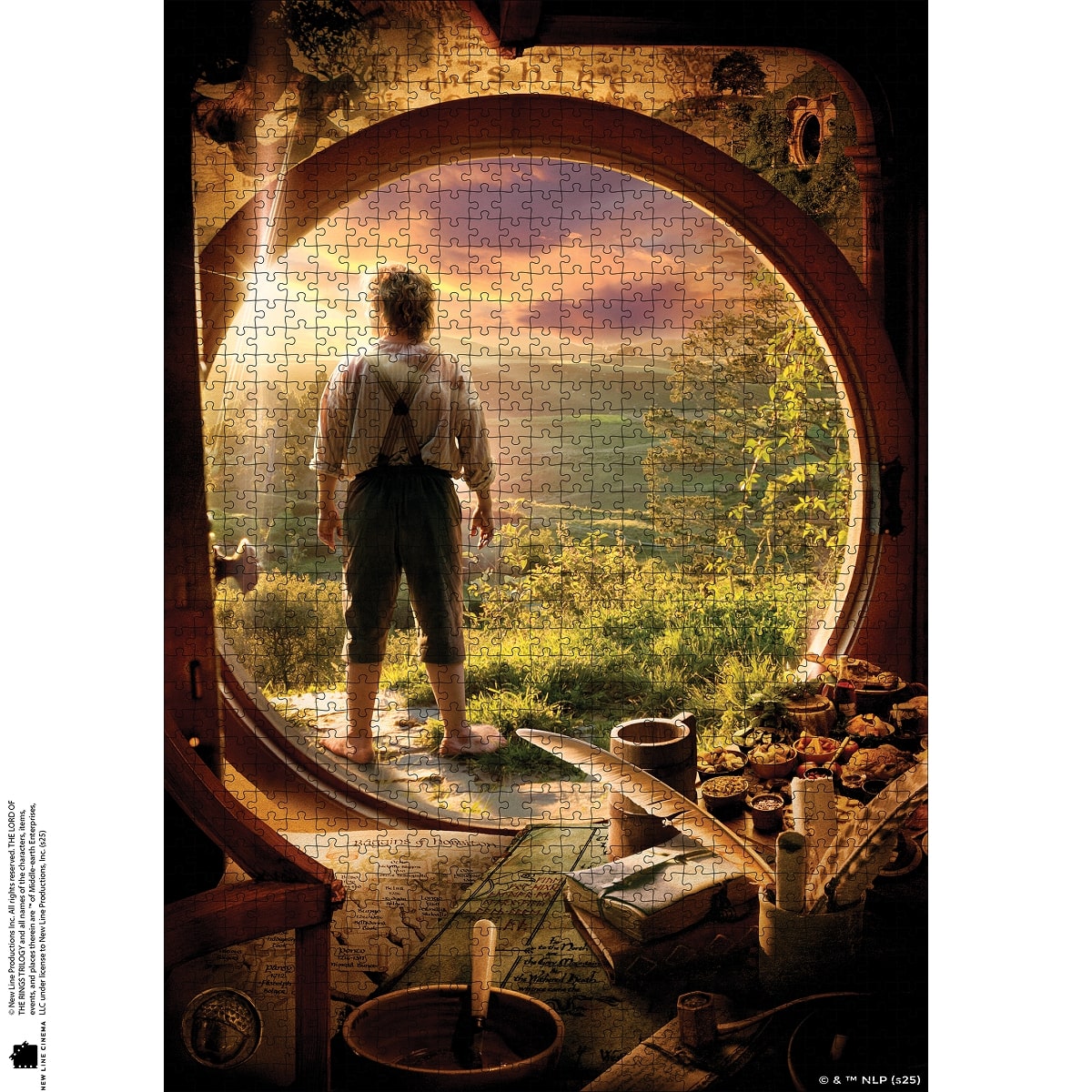 Jigsaw puzzle with a scene of a person standing in a doorway looking out at nature.