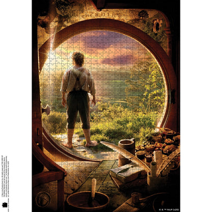 Jigsaw puzzle with a scene of a person standing in a doorway looking out at nature.