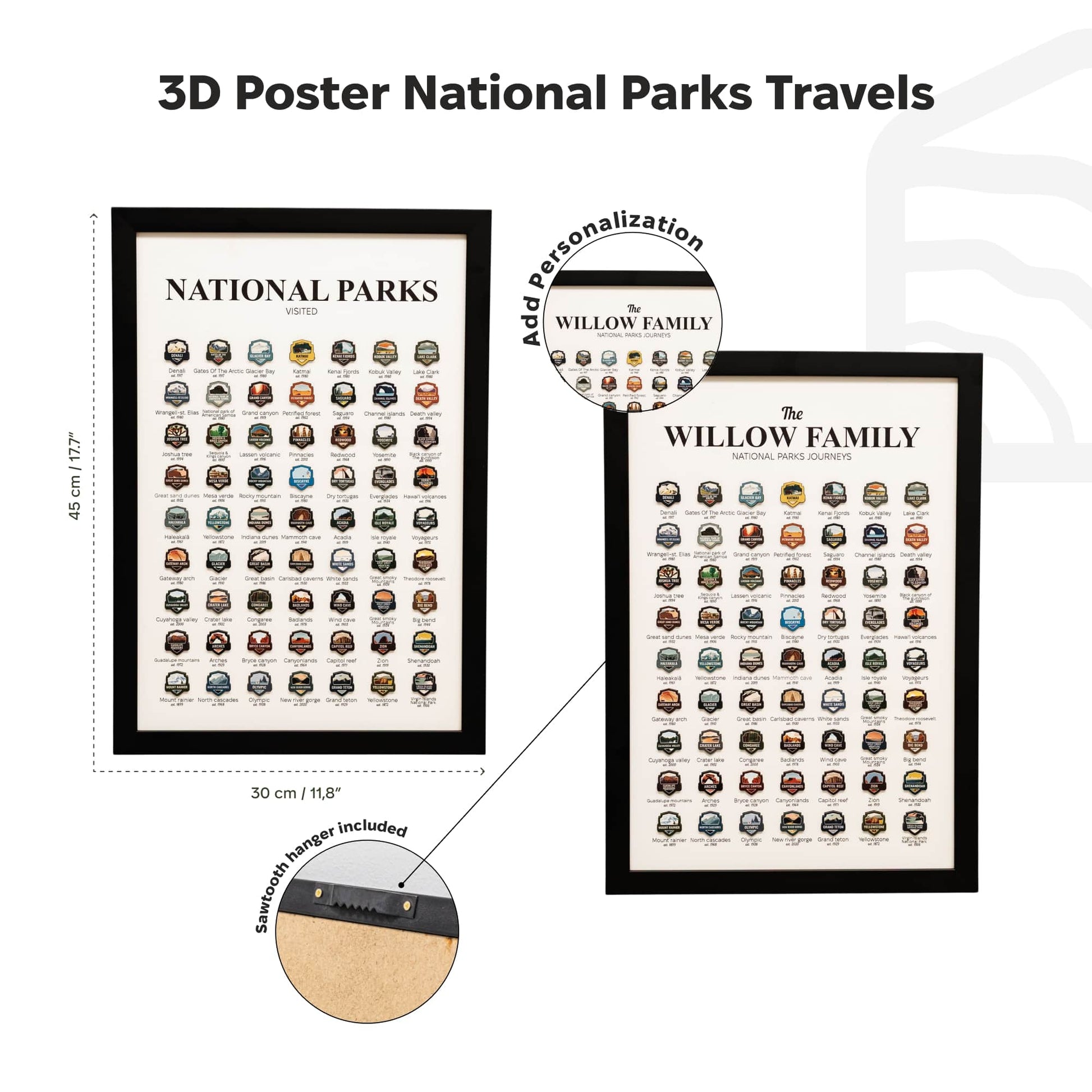 3D National Parks travel poster with customizable family name on a white background