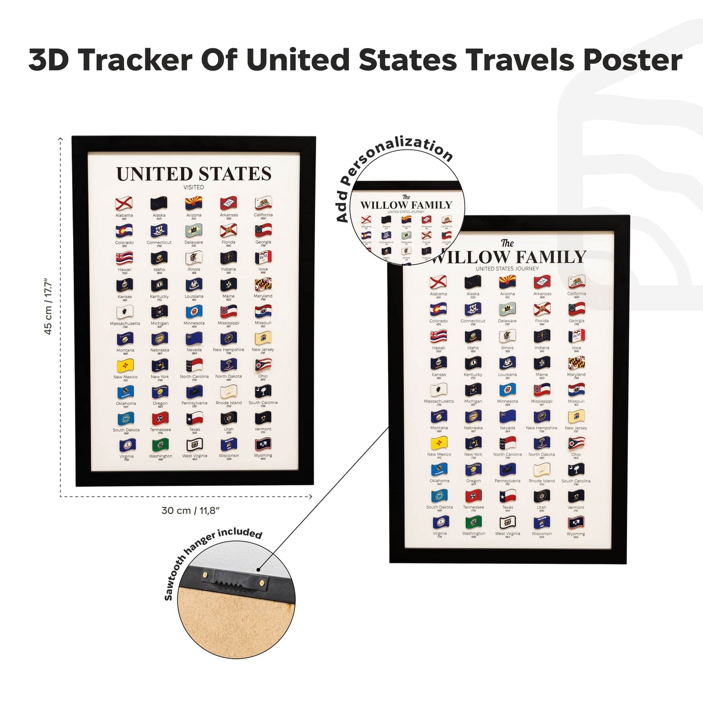 3D Tracker of United States Travels Poster with customizable family name on a white background