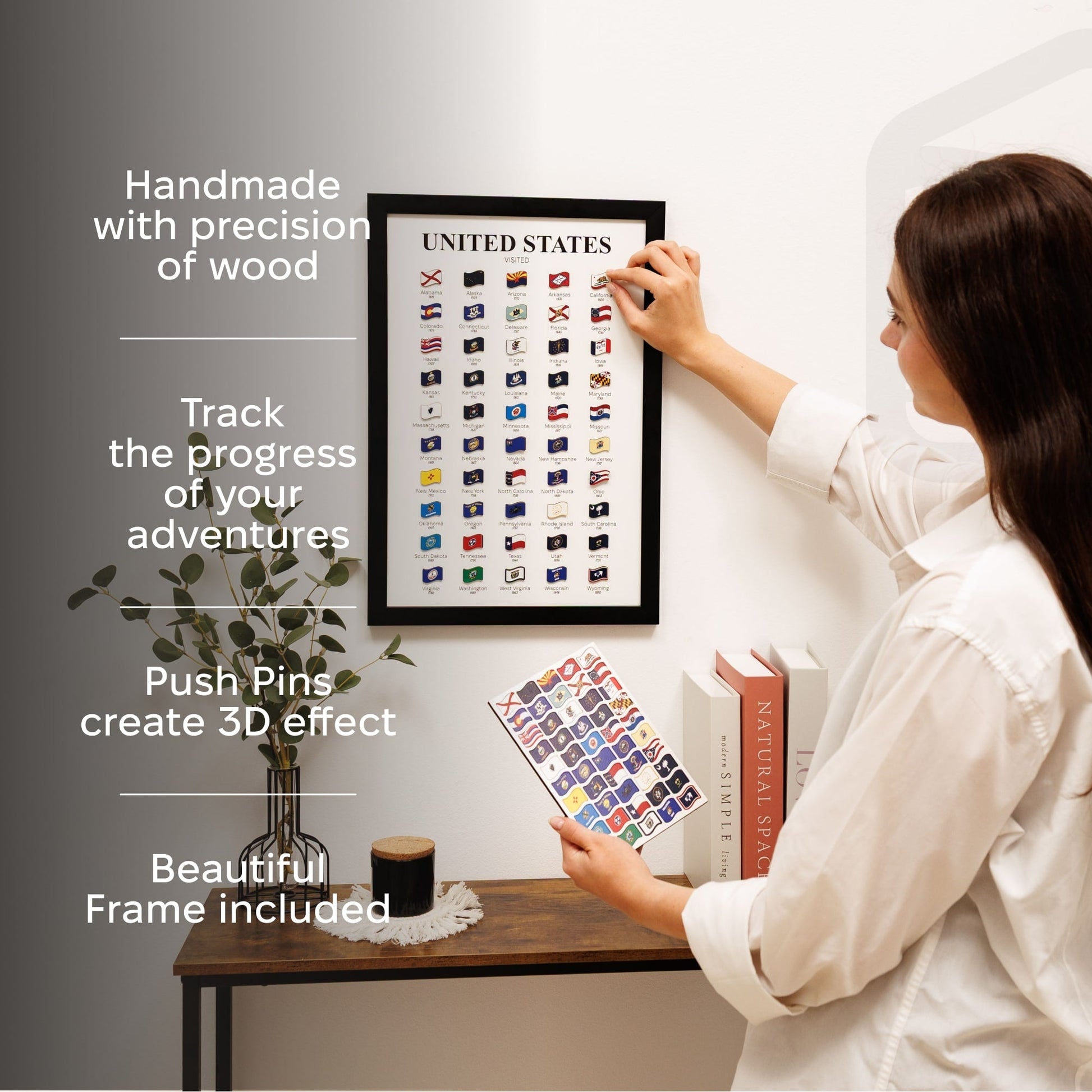 Woman interacting with a framed travel flag set on a wall, with text describing features.