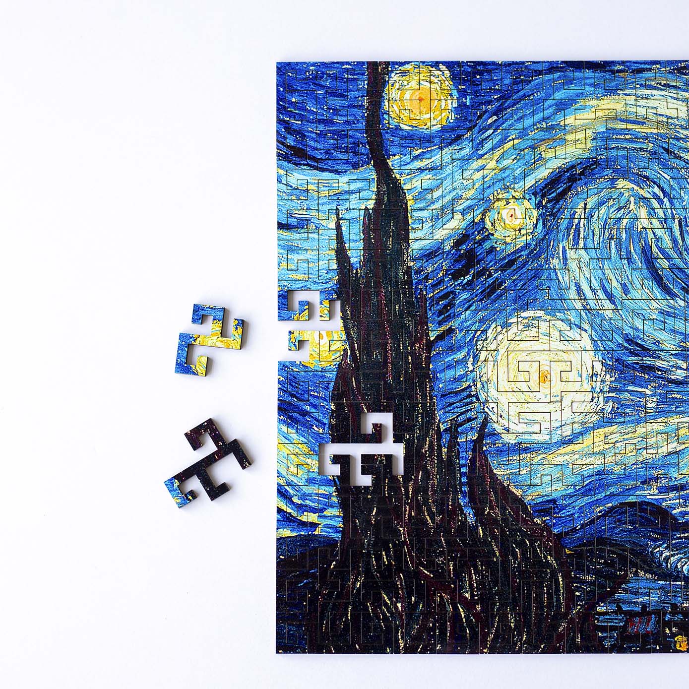 Wooden jigsaw maze puzzle The Starry Night (Vincent van Gogh)