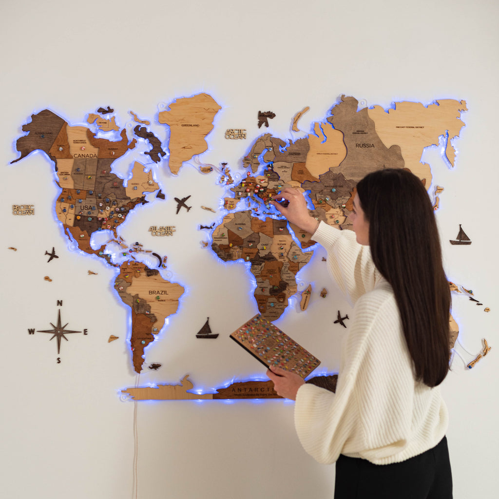 3D led wooden world map
