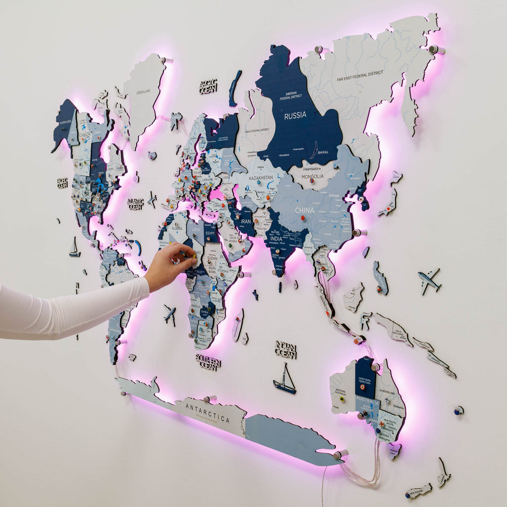 3D LED / LUMINOUS Wooden World Map 3.0 Aqua