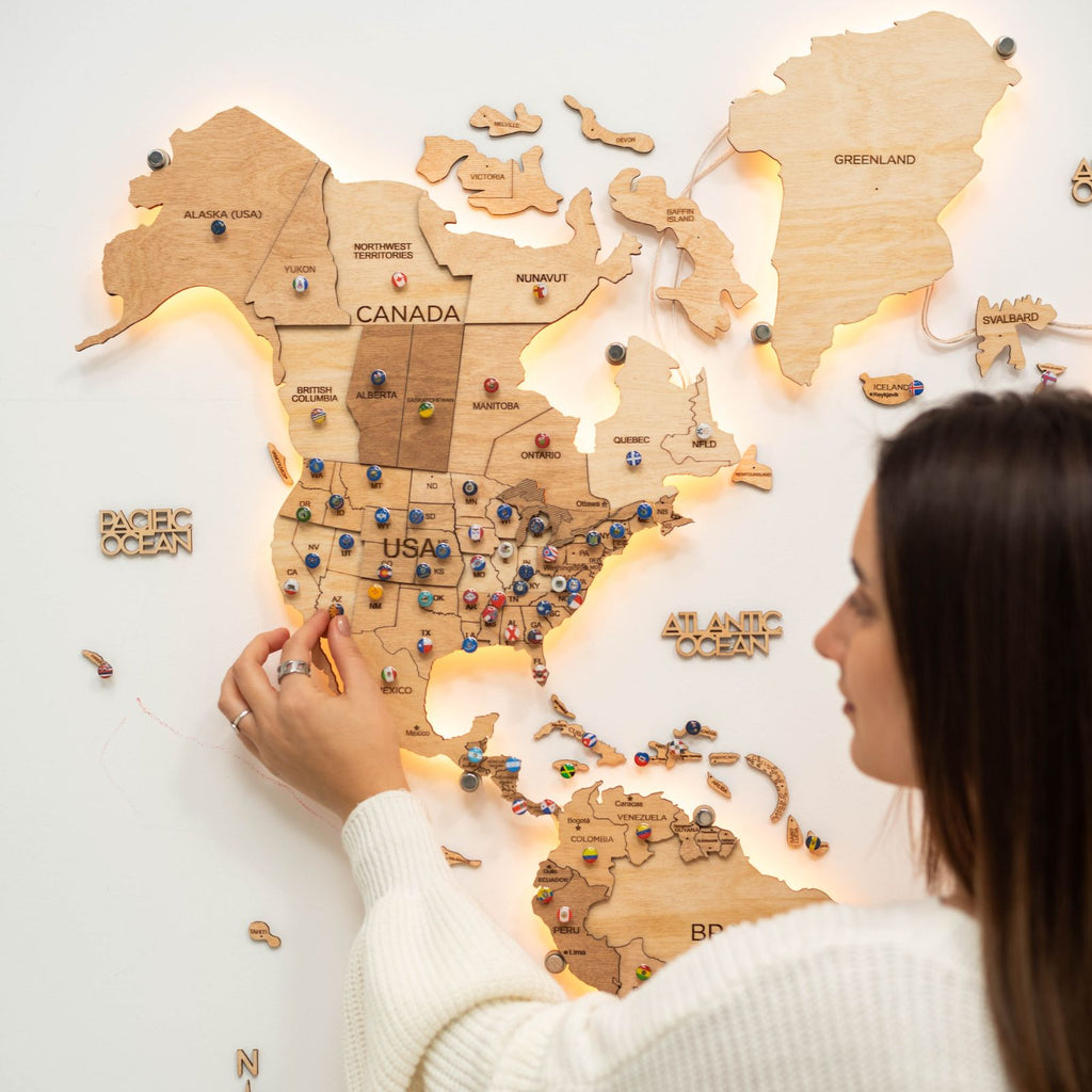 wooden world map with led