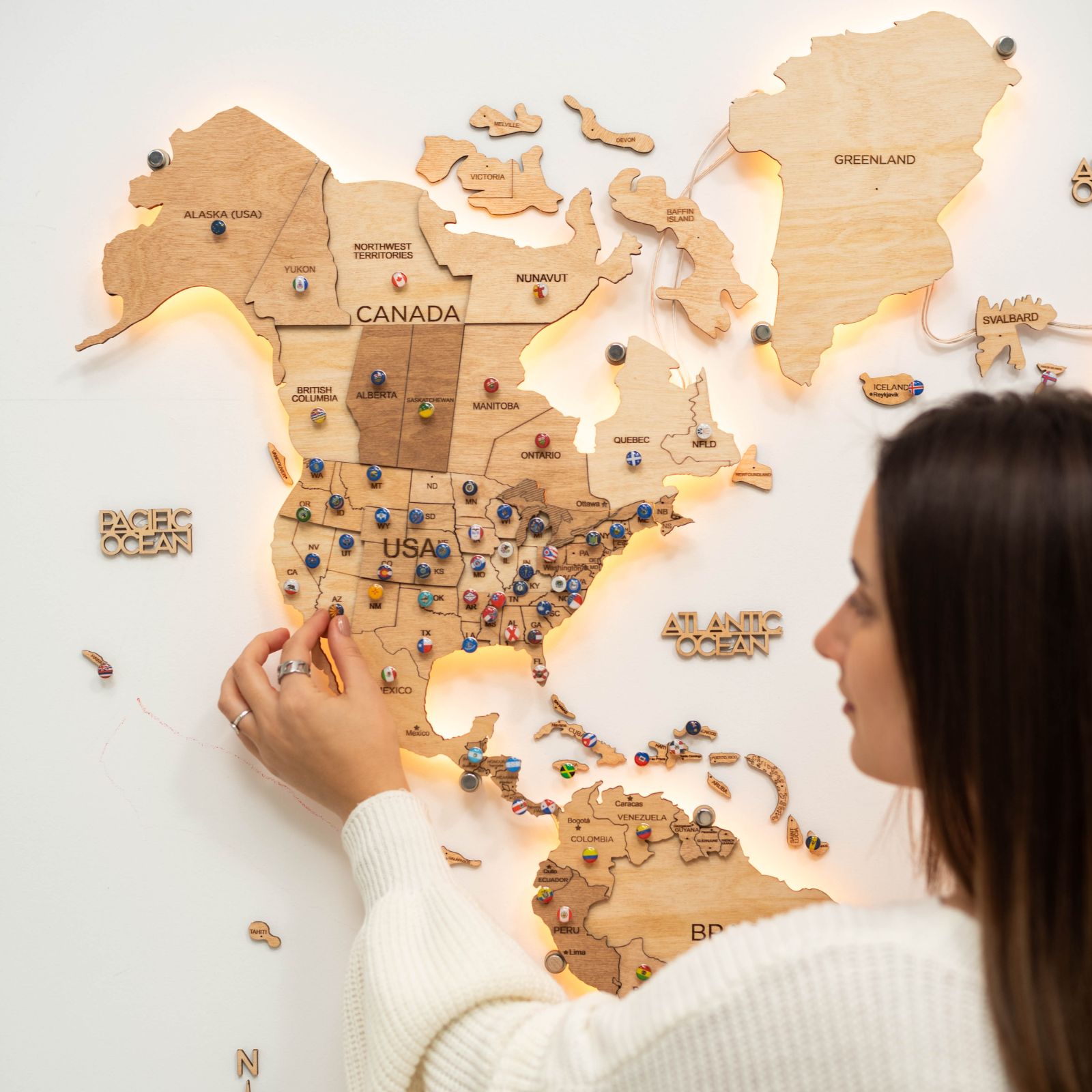 wooden world map with led
