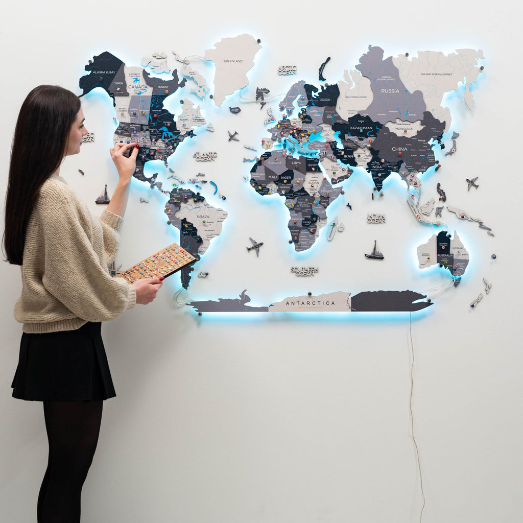 led wooden world map