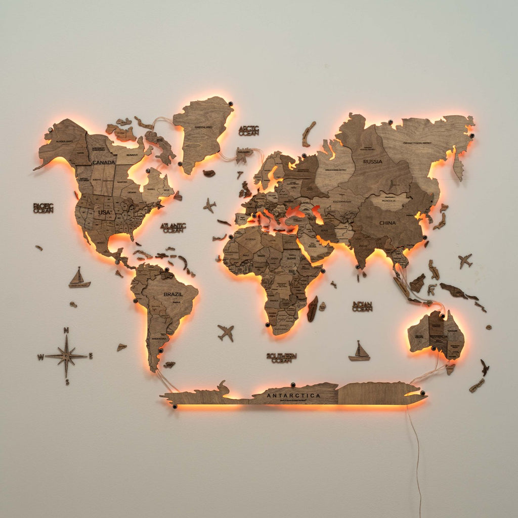 wooden world map with led