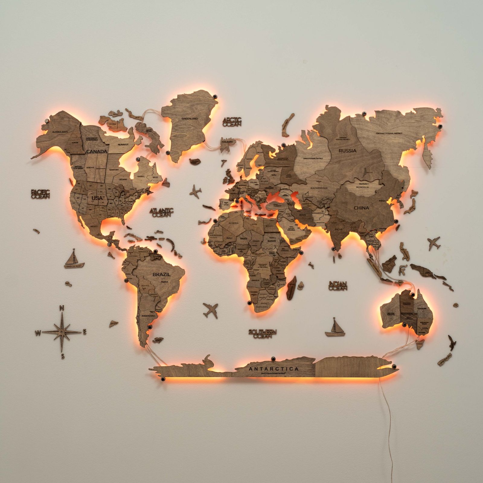 wooden world map with led
