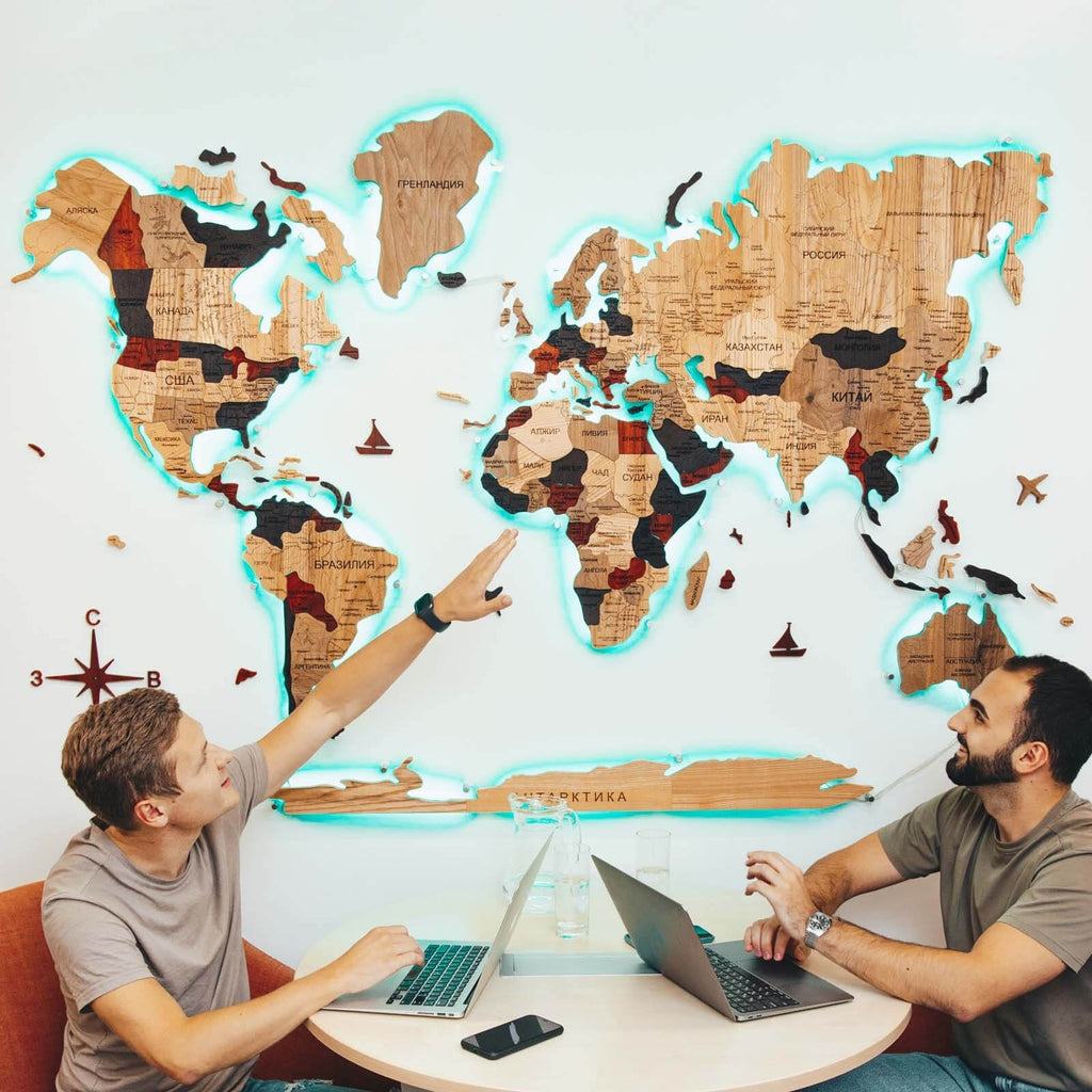 wooden light up world map