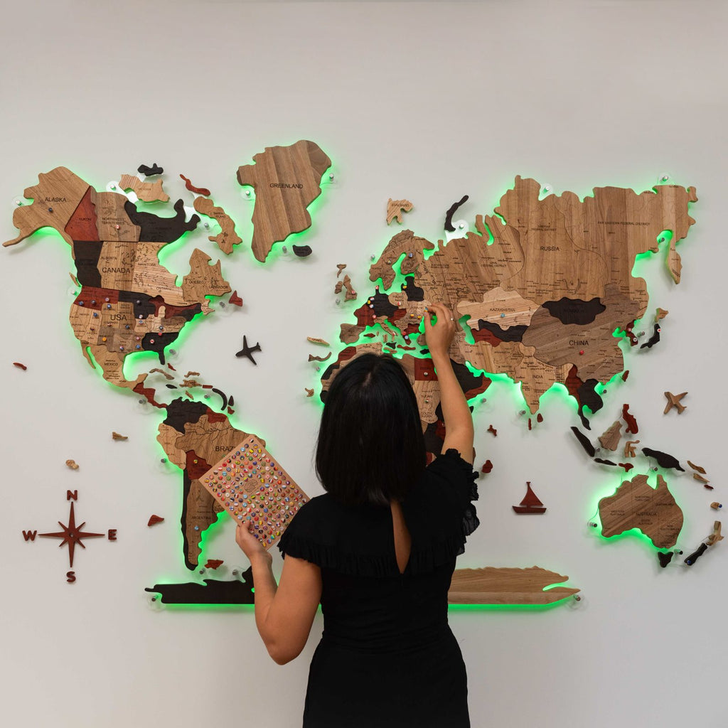 wooden light up world map