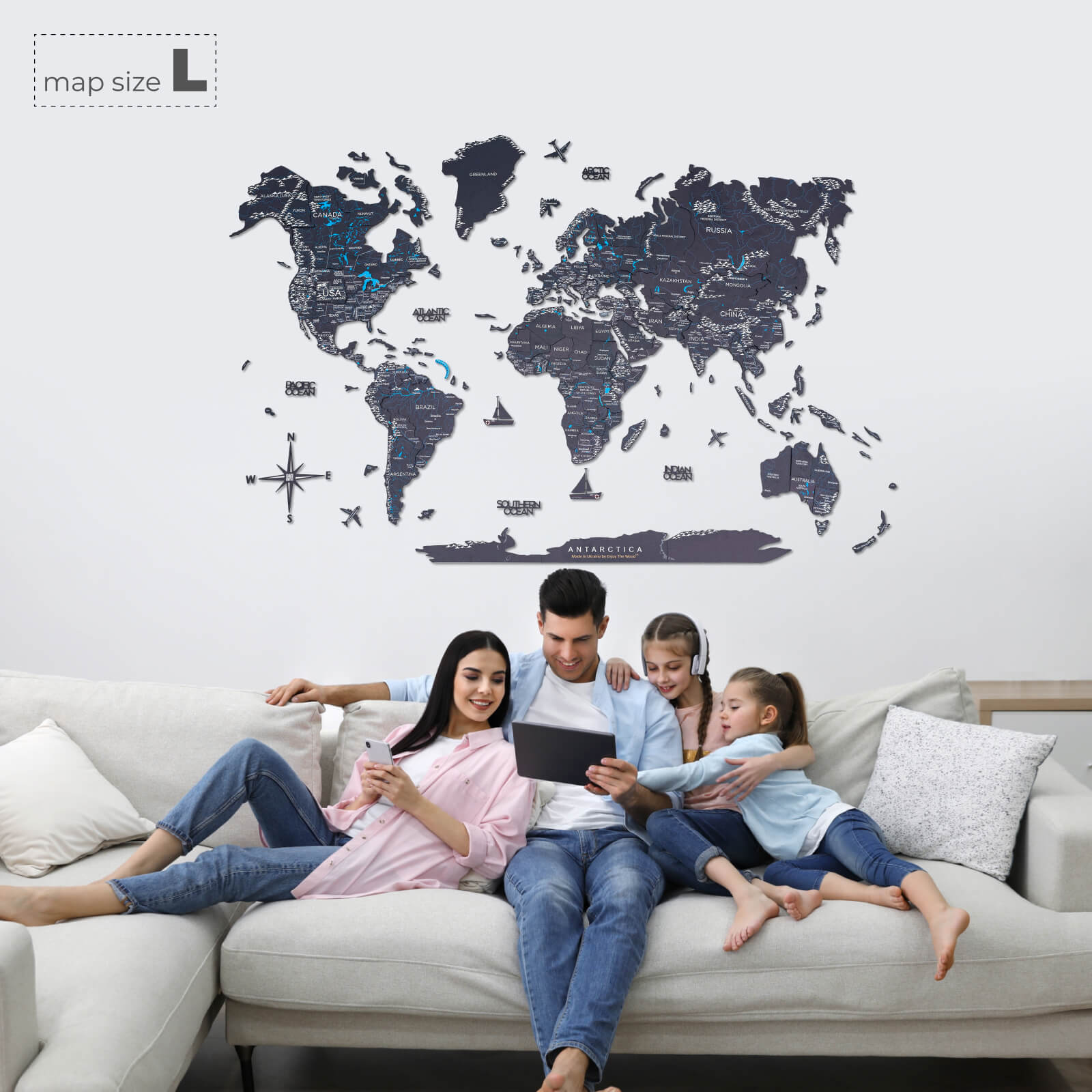 3D Wooden World Map Midnight