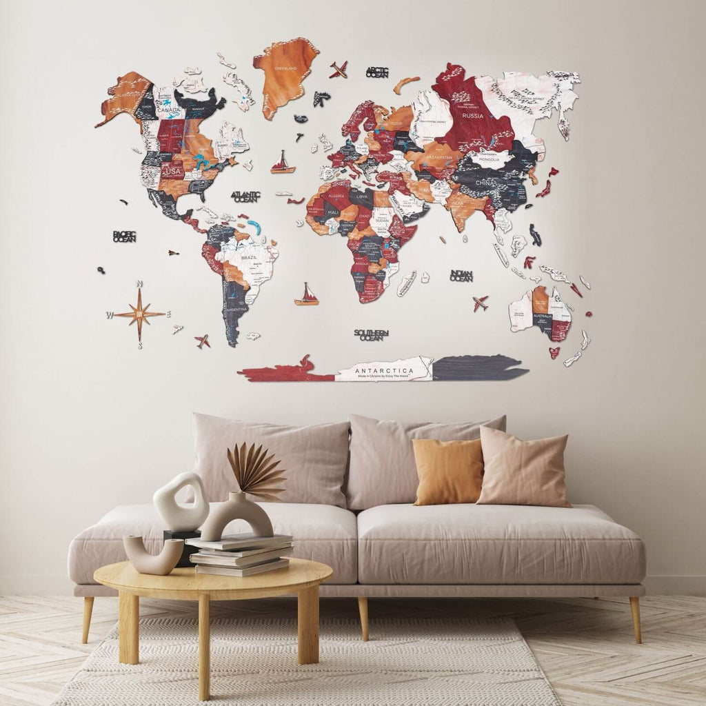 wooden world map in colors