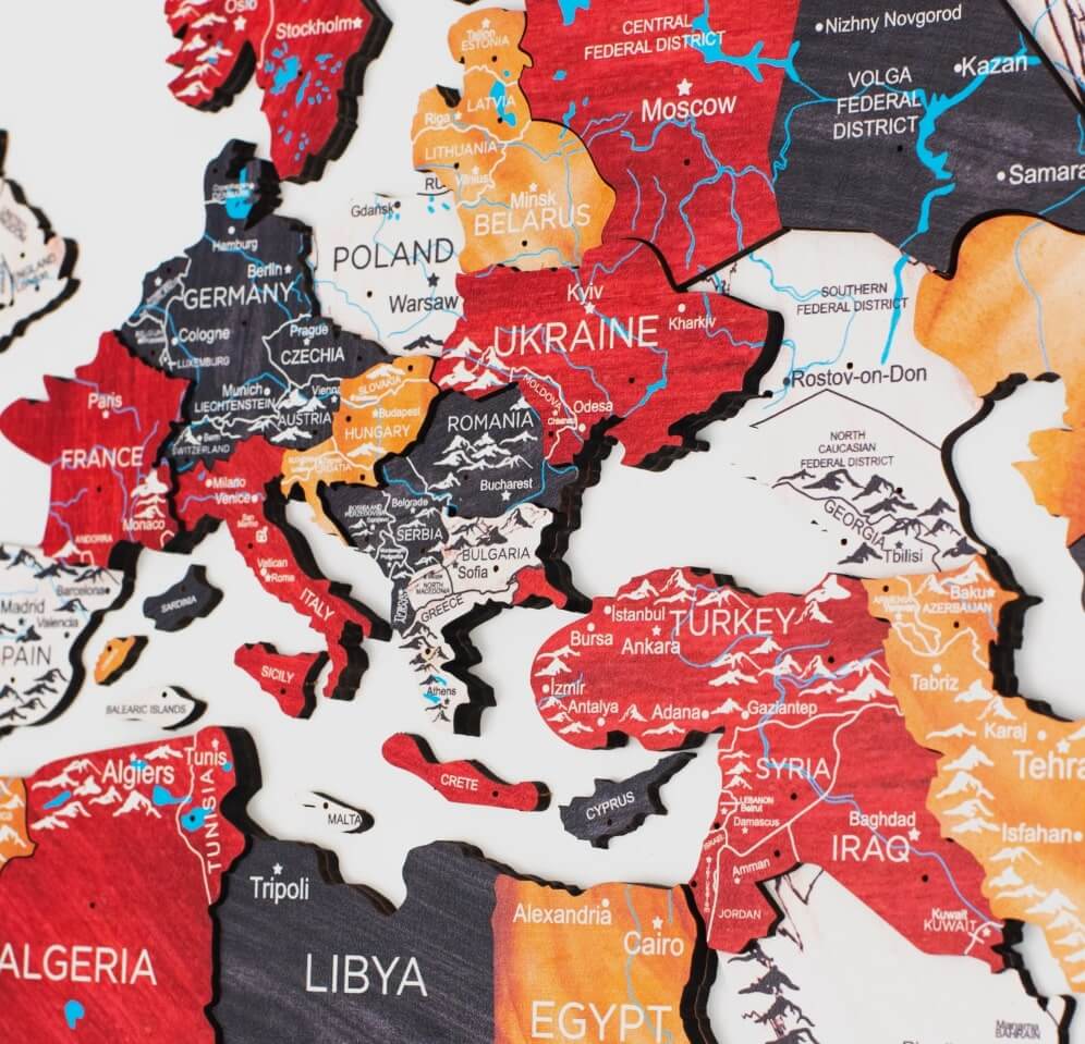 wooden world map in colors