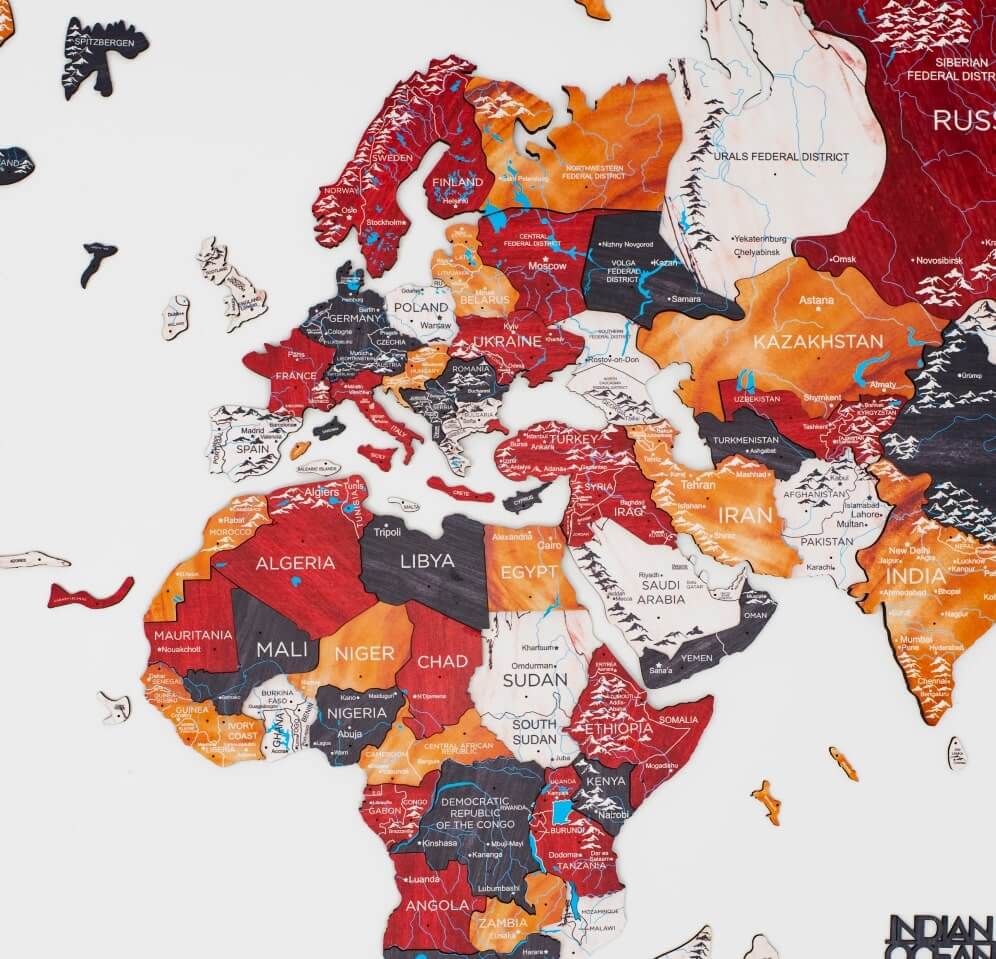 wooden world map in colors