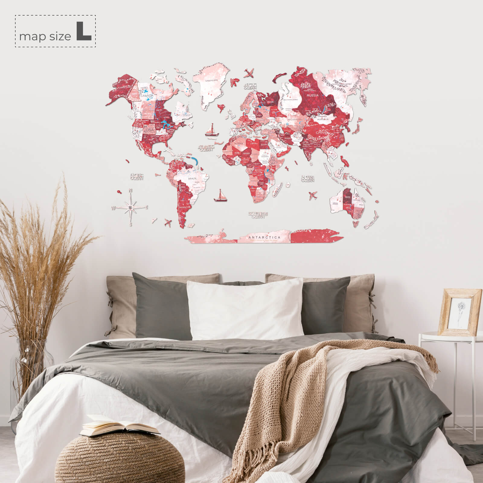 red wooden world map