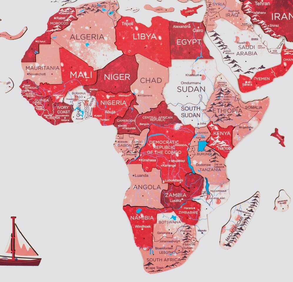 red wooden world map