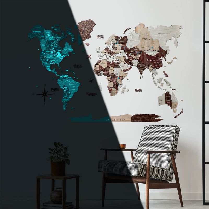 3D Luminous/Magnetic Colored Wooden World Map Cappuccino