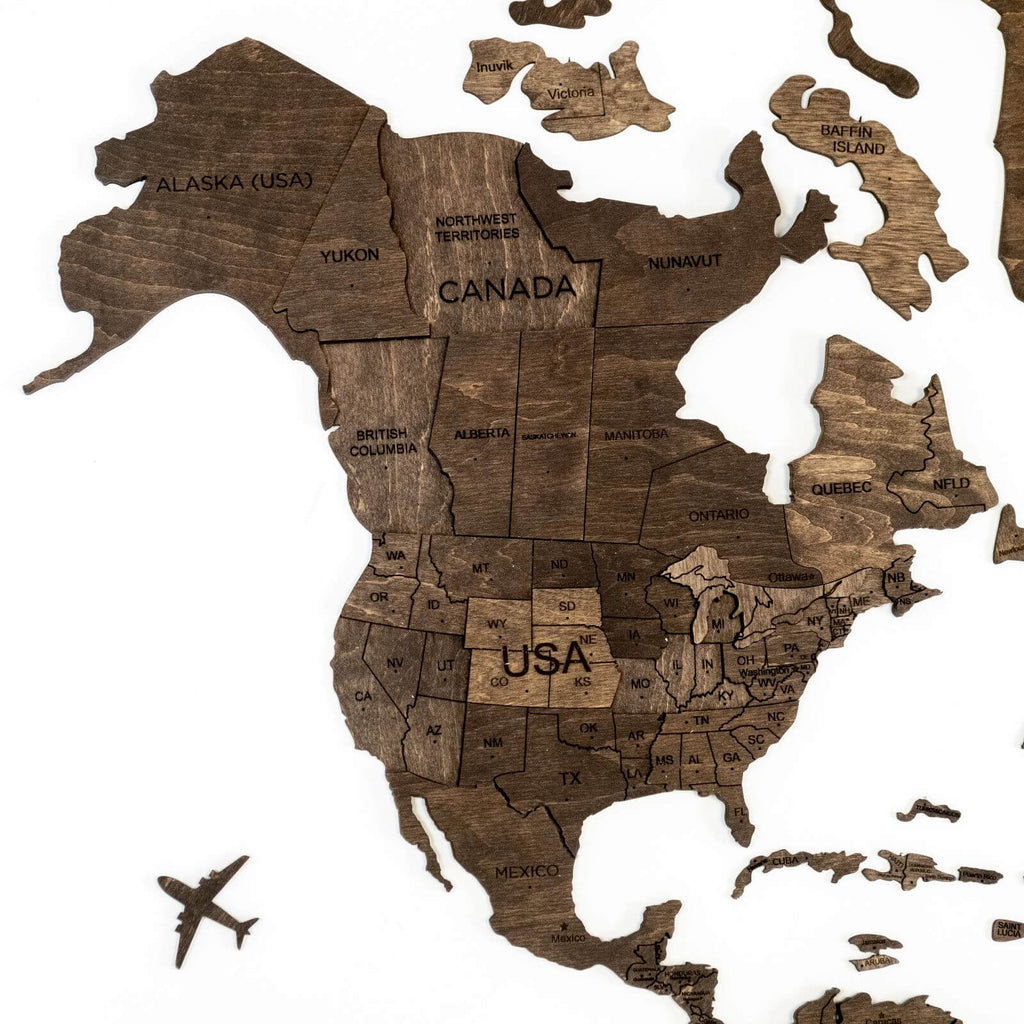 3D Wooden World Map Dark Walnut