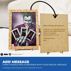 Jigsaw puzzle with Joker design and birthday card on a white background