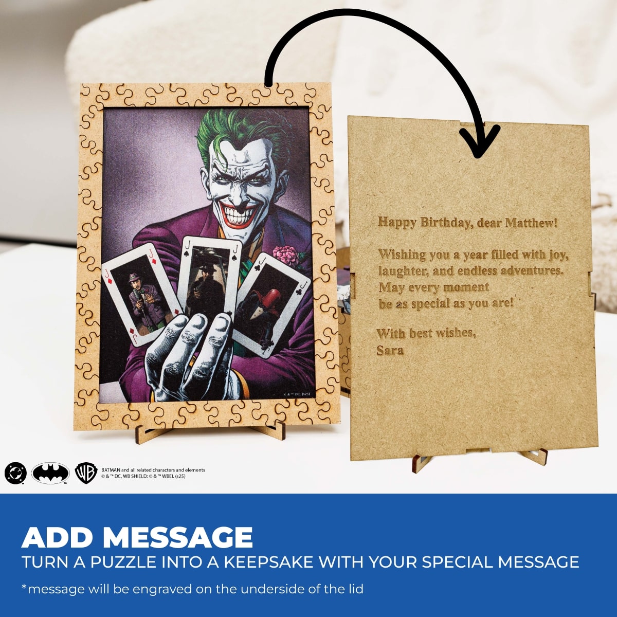 Jigsaw puzzle with Joker design and birthday card on a white background